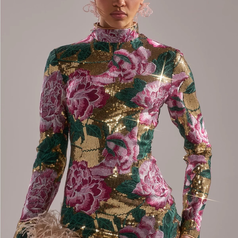 AKIRA Gold Sequin Floral Backless Dress with Pink Roses and Green Leaves